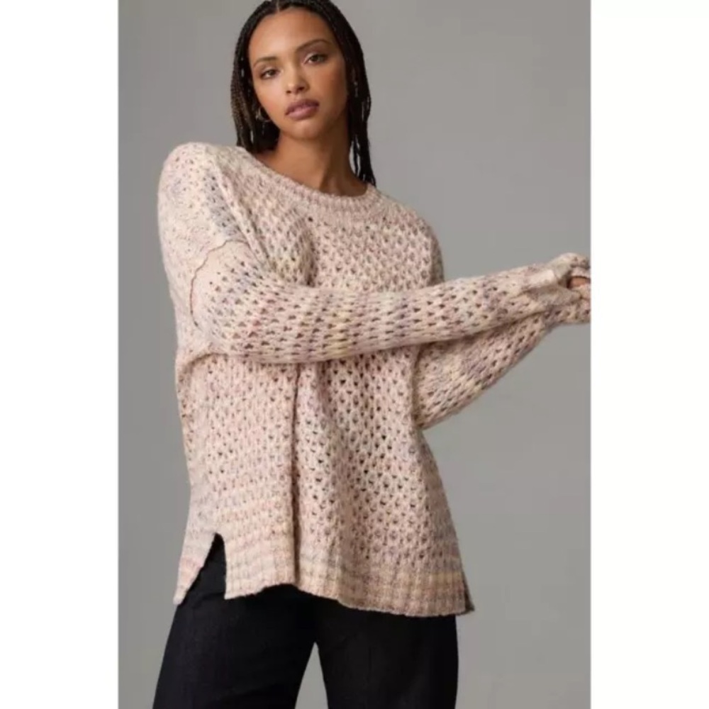 By Anthropologie Oversized Mesh Stitch Pullover Sweater Cotton Blend Size S